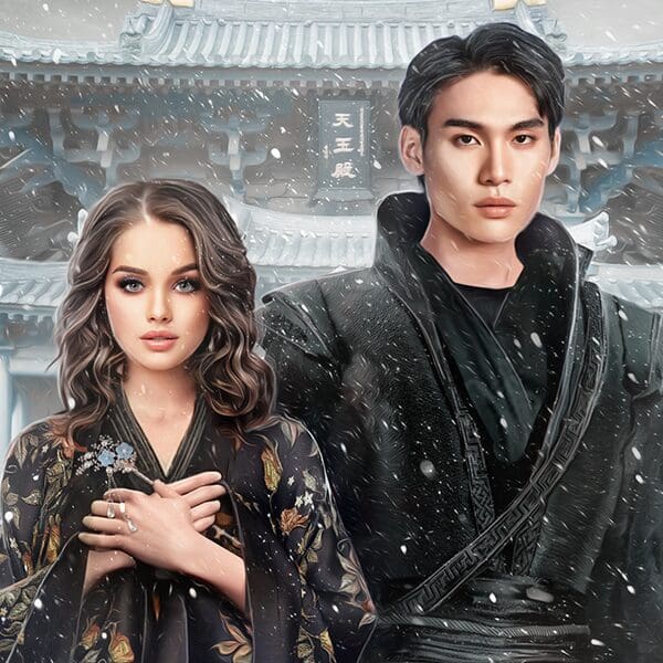 A man and woman in traditional clothing stand in a snowy ancient setting.